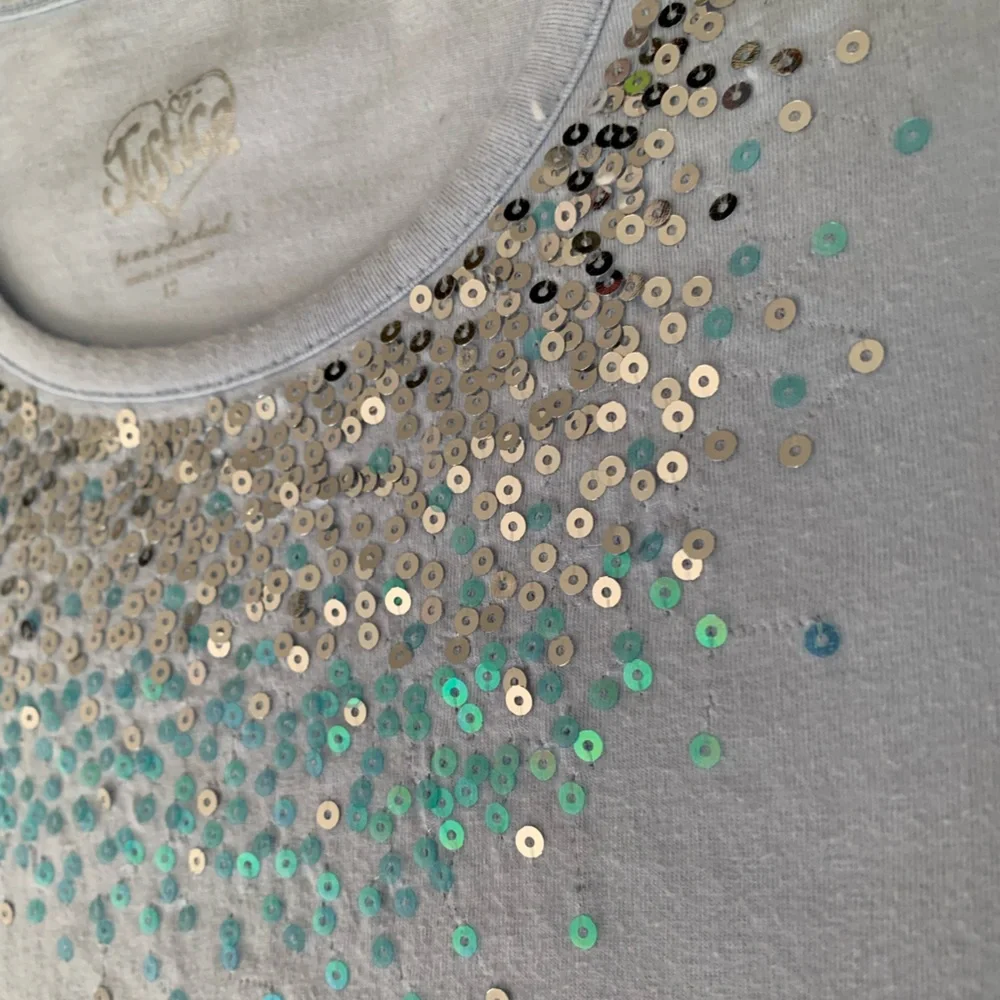 Justice Y2K Shirt Girls 12 Blue Sequin Long Sleeves Leopard Scoop Neck Ruffles